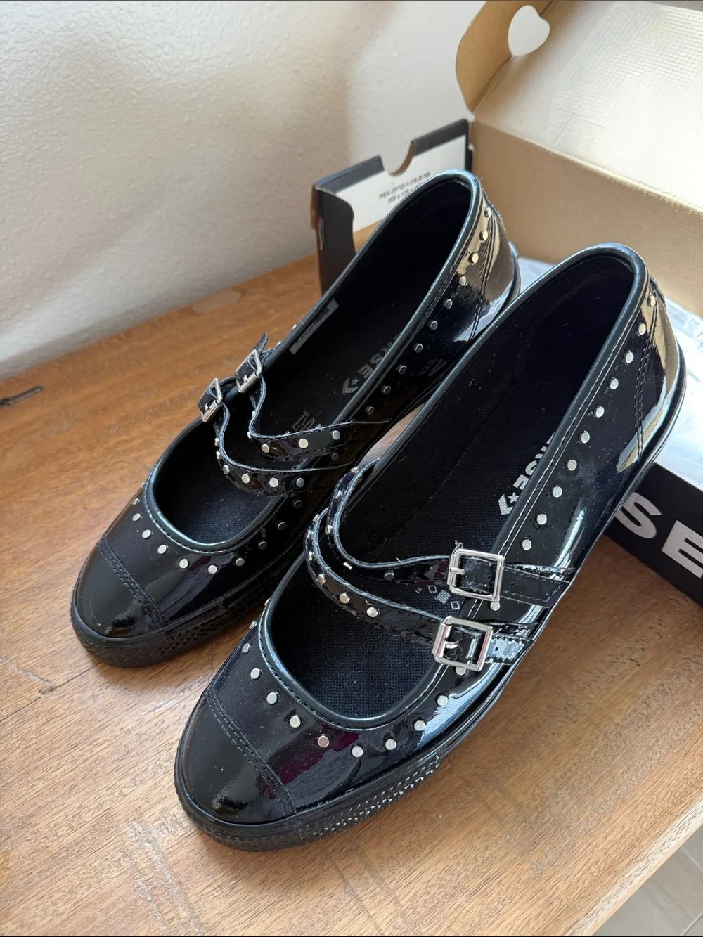 Converse Black Patent Mary Jane Flats with Studded Double Straps